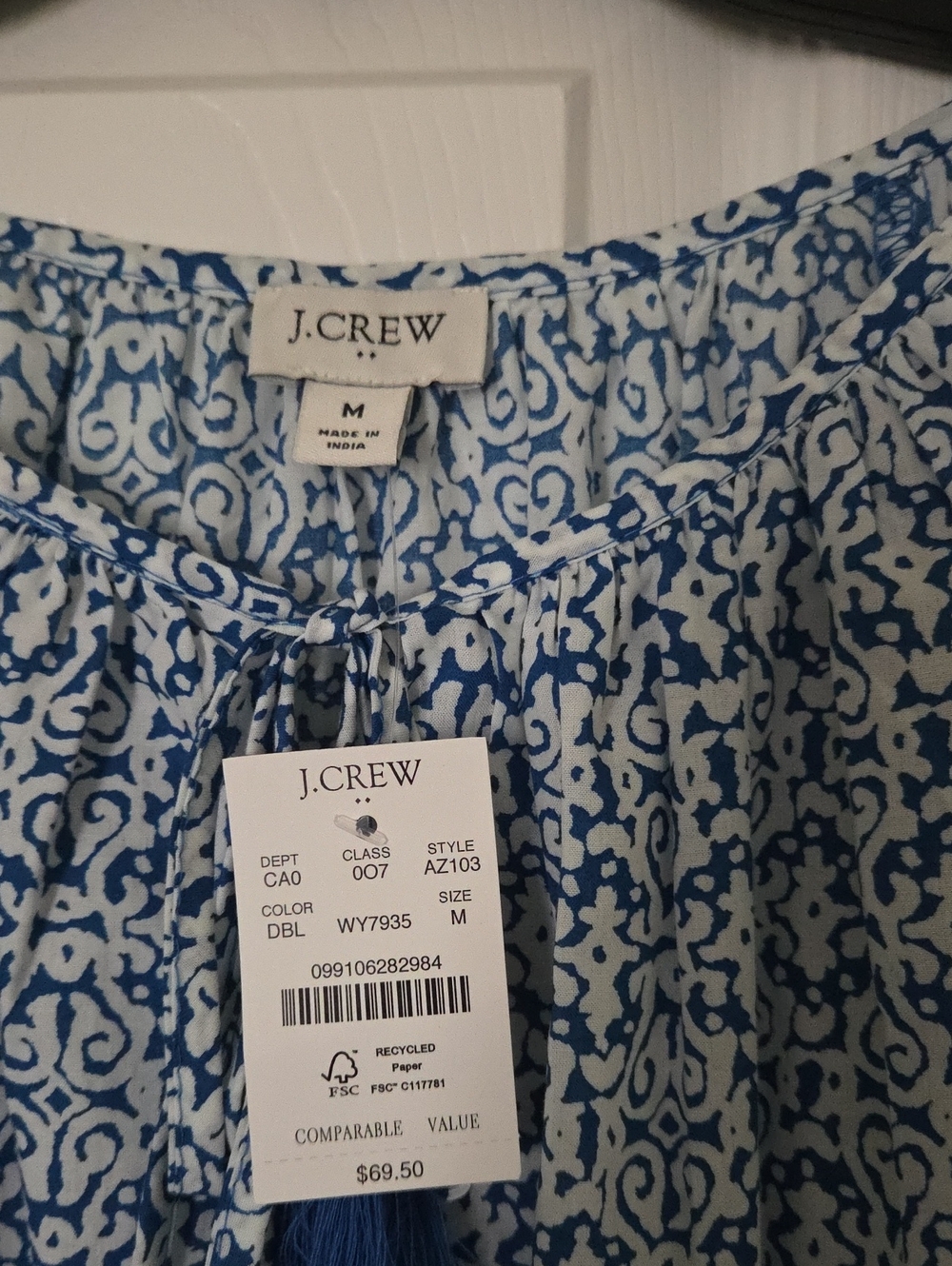 J. Crew Blue and White Printed Tie-Front Top